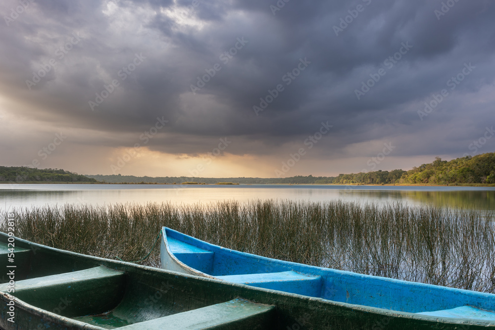 Bluer and green canoes in the marshes of fresh tropical lagoon surrounded by green jungle at sunset with cloudy sky Bluer and green canoes in the marshes of fresh tropical lagoon surrounded by green jungle at sunset with cloudy sky