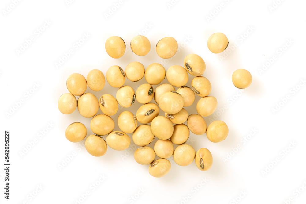 Fototapeta premium Top view Soybeans isolated on white background. Flat lay