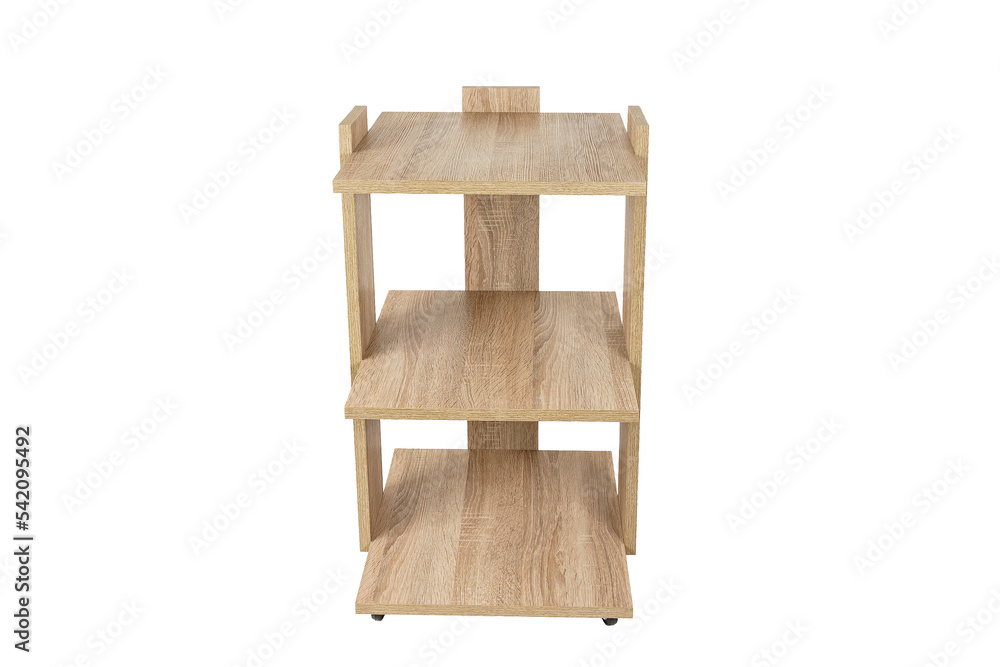 Cabinet or shelving unit on wheels with shelves on a white isolated background. Wooden chipboard. Cabinet or shelving unit on wheels with shelves on a white isolated background. Wooden chipboard.