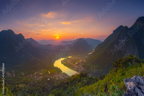 Sunset viewpoint at Nong Khiaw, Muang Ngoi village, northern Laos. 