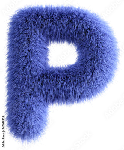 Blue 3D Fluffy Letter P. 3d render illustration isolated on transparent background