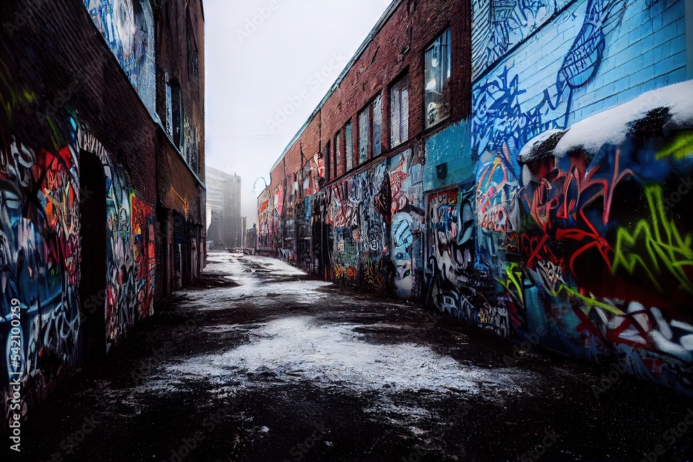 Fototapeta premium 3D rendered computer-generated image of an empty alleyway in the winter season. Fully CGI, including all graffiti murals - 100% original and cleared for commercial use urban setting