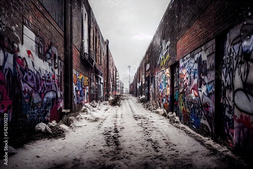3D rendered computer-generated image of an empty alleyway in the winter season. Fully CGI, including all graffiti murals - 100% original and cleared for commercial use urban setting © Brian