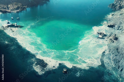 3D rendered computer generated image of a tropical deserted island. Often used by pirates  accessible through pirate bays   this lush greenery and sandy beaches is surrounded by blue ocean for miles