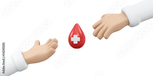 3D Rendering of hand and blood drop concept of blood and organ donation. 3D render illustration cartoon style.