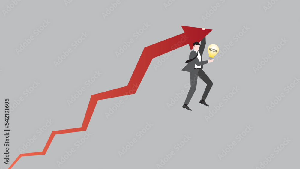 A businessman hangs a rise red arrow with a light bulb. Concept of business idea, opportunity, investment, market prediction, forecast, career development, profit, growth, wealth, vision, and mission. A businessman hangs a rise red arrow with a light bulb. Concept of business idea, opportunity, investment, market prediction, forecast, career development, profit, growth, wealth, vision, and mission.