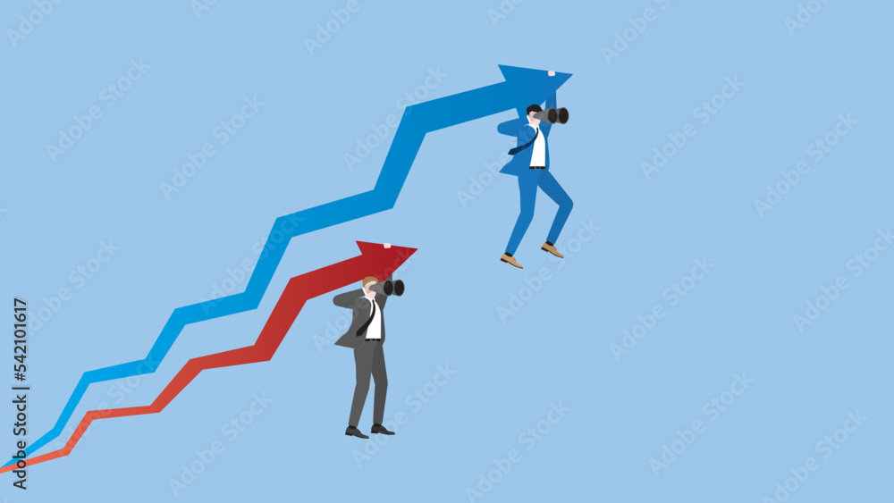 Businessmen hang a rising arrow with telescopes. Concept of economic competition, against competitors, career opportunity, market prediction, forecast, profit, growth, wealth, vision, and mission. Businessmen hang a rising arrow with telescopes. Concept of economic competition, against competitors, career opportunity, market prediction, forecast, profit, growth, wealth, vision, and mission.
