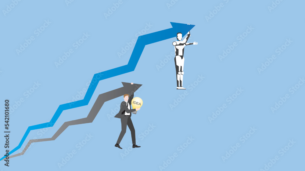 A Robot and human hang a rising arrow with idea light bulb. Concept of business competition with AI technology, economic competition, against competitor, job opportunity and contest of career compete. A Robot and human hang a rising arrow with idea light bulb. Concept of business competition with AI technology, economic competition, against competitor, job opportunity and contest of career compete.