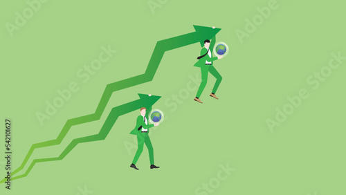 Businessmen hang a rising arrow with the world. Concept of ESG economic competition, against competitors, green business policy, growth, zero carbon emission, planting a forest, and global warming.