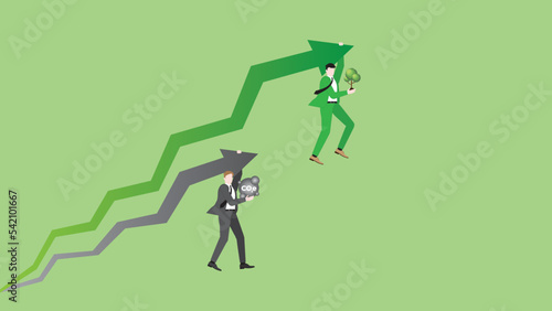 Businessmen hang rising arrow with tree planting and CO2e gas. Concept of ESG economic competition. Advantage leader of green business policy against competitor with carbon dioxide net zero emission.