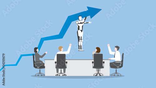 A Robot hangs a rise blue arrow at a teamwork meeting. Concept of AI-powered business, the advance of Artificial Intelligence technology, graph growth up, marketing opportunity, and financial profit. 