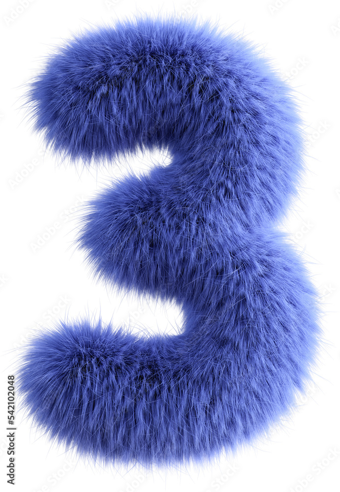 Blue 3D Fluffy Number Three. 3d render illustration isolated on transparent background Blue 3D Fluffy Number Three. 3d render illustration isolated on transparent background