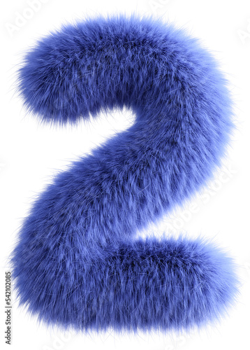 Blue 3D Fluffy Number Two. 3d render illustration isolated on transparent background