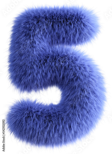 Blue 3D Fluffy Number Five. 3d render illustration isolated on transparent background