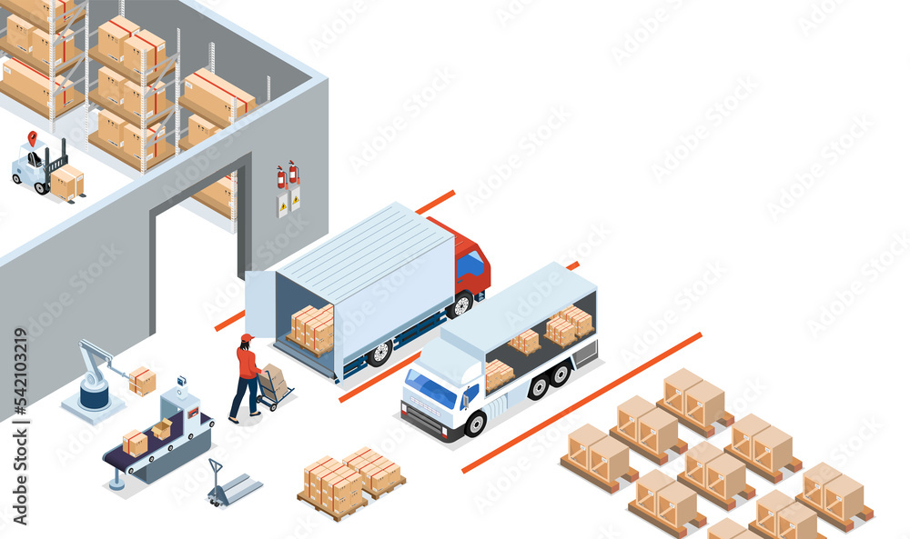 3D isometric Warehouse Logistic concept with Workers loading products on the trucks, Transportation operation service, Export, Import, forklift, pallets, cardboard boxes. Clipart Transparent PNG - obrazy, fototapety, plakaty 