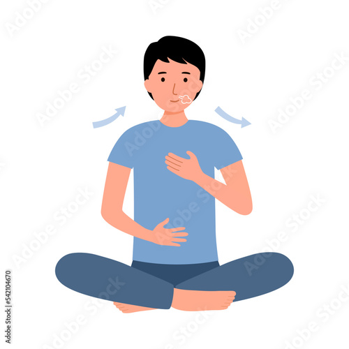 Man practicing breathing exercise in flat design on white background.