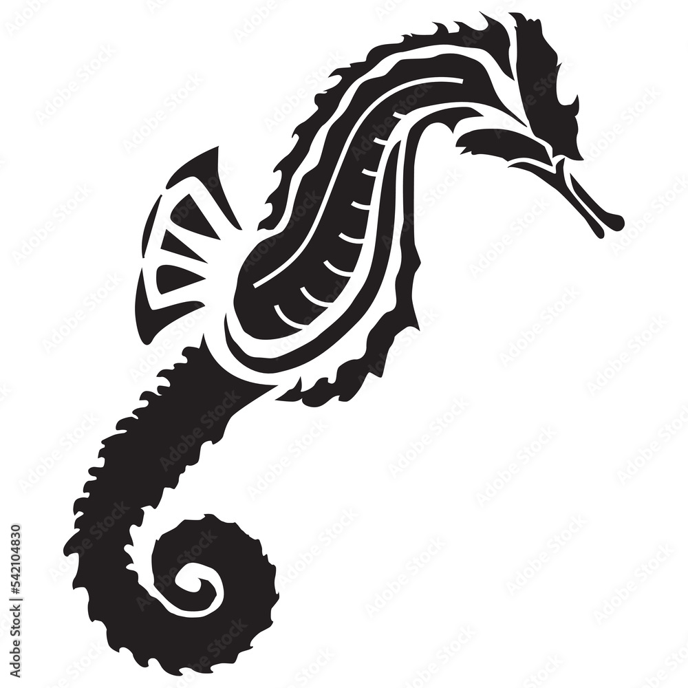 Vertical black and white digital drawing of a seahorse isolated on white background