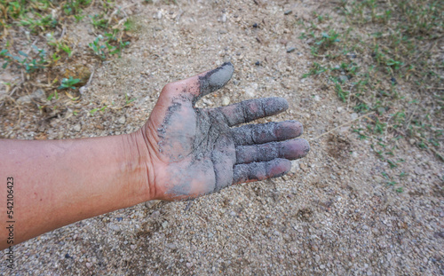 Farmers hand soiled from planting trees in agriculture.