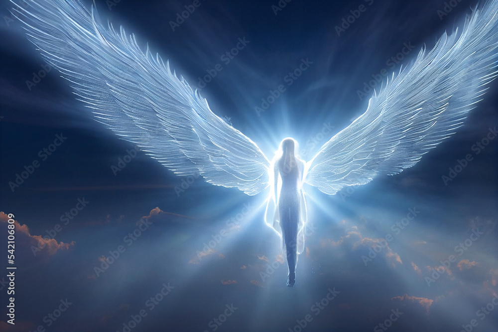 Angel spirit with long wings in heaven. Generative AI Illustration Stock |  Adobe Stock