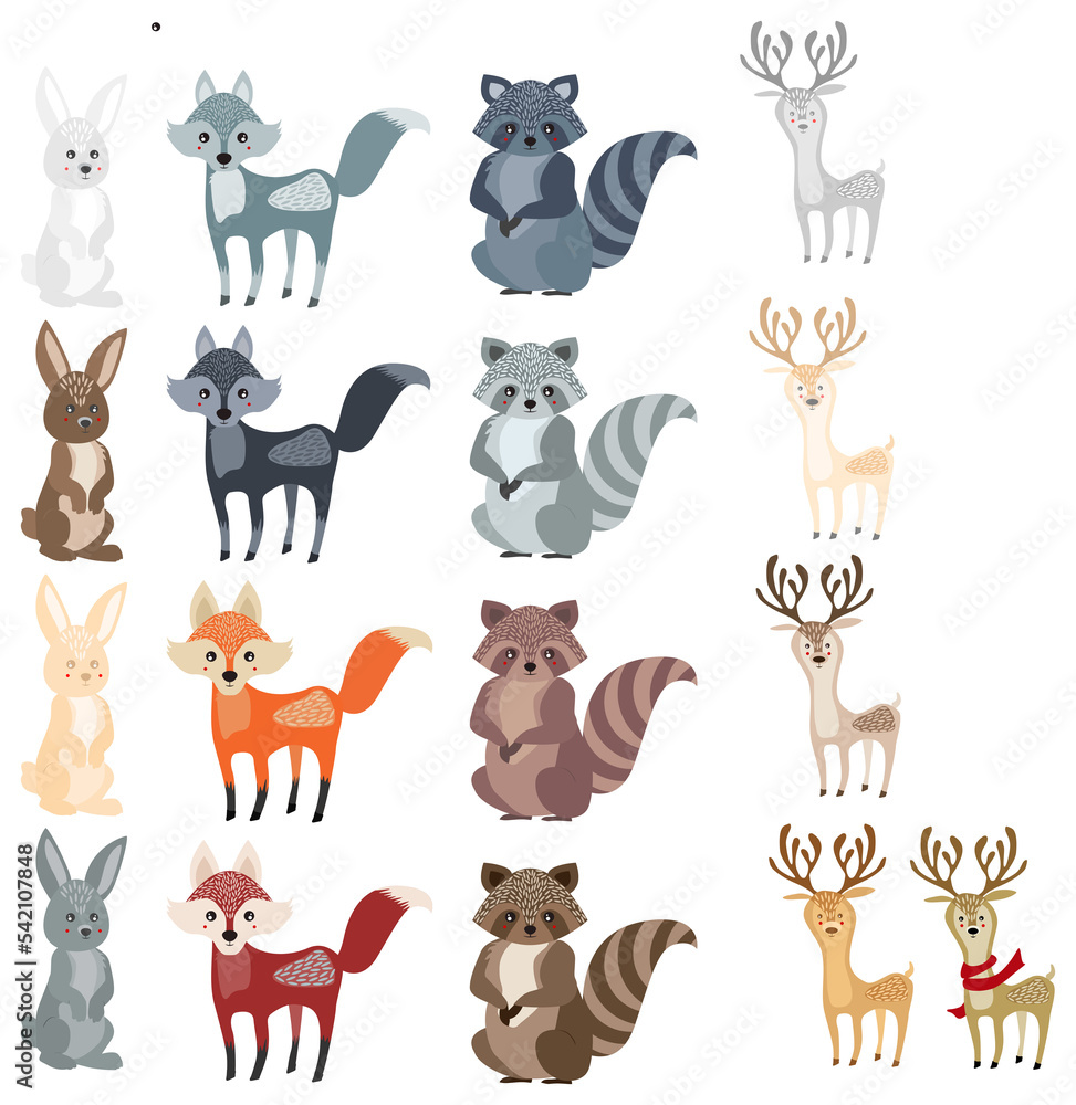 PNG animal set of rabbit, wolf, fox, raccoon, and deer.