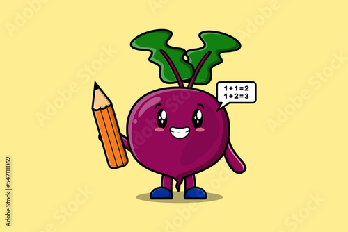 Beetroot cute cartoon clever student with pencil style design in flat modern style design