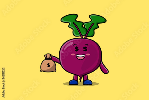 Cute cartoon Crazy rich Beetroot with money bag shaped funny in modern design illustration