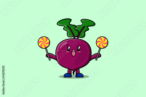 Cute cartoon Beetroot character holding lollipop candy in flat cartoon illustration