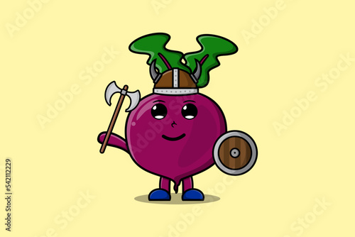 Cute cartoon character Beetroot viking pirate with hat and holding ax and shield 