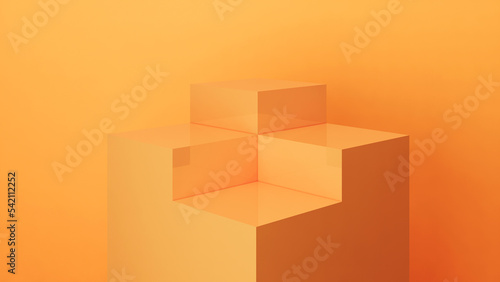 Orange square podium four stepped pedestal stage with clear orange backdrop for product presentation. 3D Illustration.