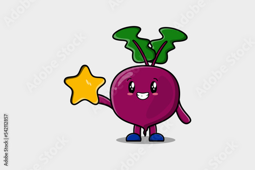 Cute cartoon Beetroot character holding big golden star in cute modern style design illustration
