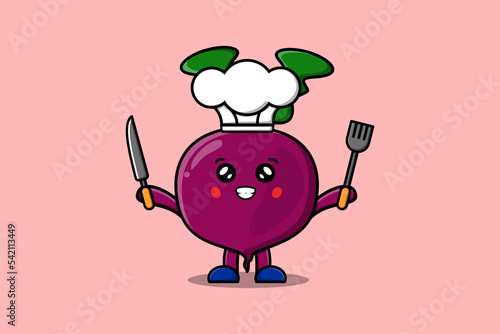 Cute cartoon Beetroot chef character holding knife and fork in flat cartoon style illustration