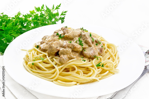 Meat in creamy sauce with spaghetti on light board