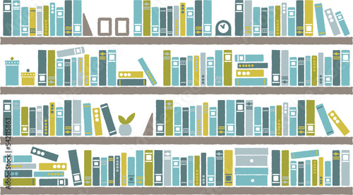 大きな本棚にたくさん並んだ本・かわいい青配色