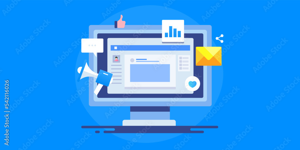 Social media management dashboard on computer screen, post engagement and marketing data analytics, vector illustration template. Social media management dashboard on computer screen, post engagement and marketing data analytics, vector illustration template.