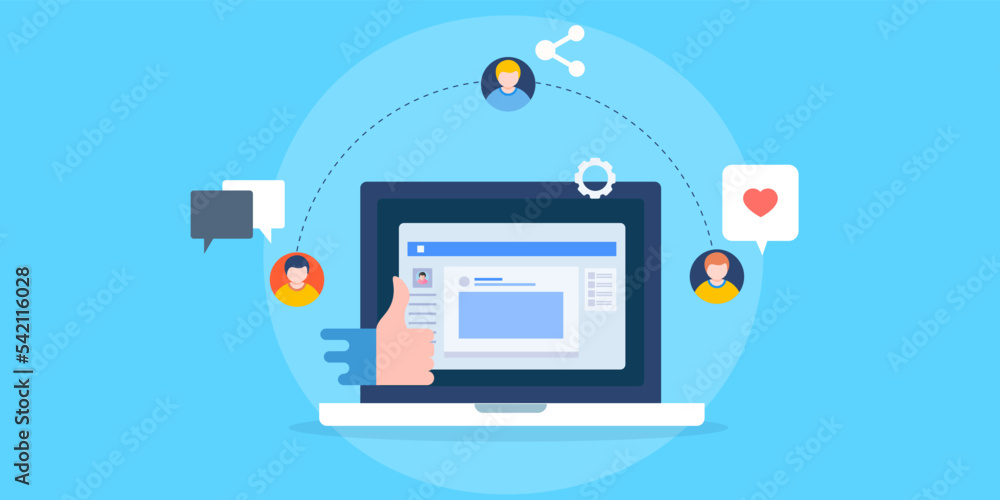 Social media page on laptop screen, networking with people and sharing content with community, marketing concept. Social media page on laptop screen, networking with people and sharing content with community, marketing concept.