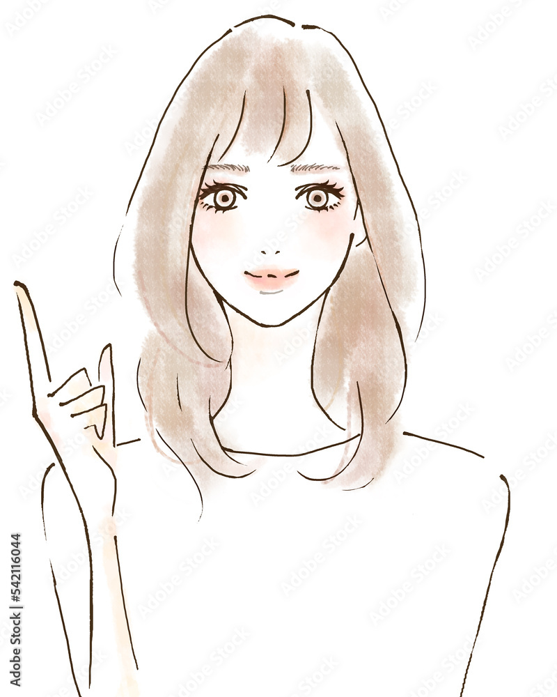 指差しをする若い女性のイラスト 笑顔で明るい前向きな表情