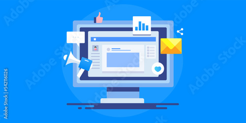 Social media management dashboard on computer screen, post engagement and marketing data analytics, vector illustration template.