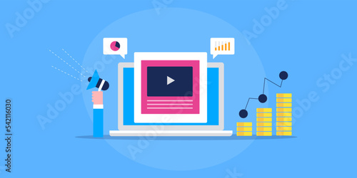 Illustration concept of video marketing, hand with megaphone symbol of brand promotion, video generating sales revenue.