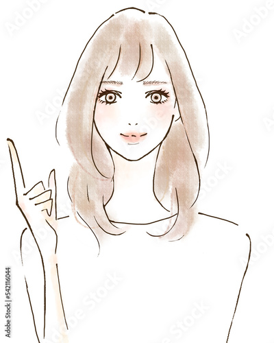 Obraz na płótnie 指差しをする若い女性のイラスト 笑顔で明るい前向きな表情 w salonie