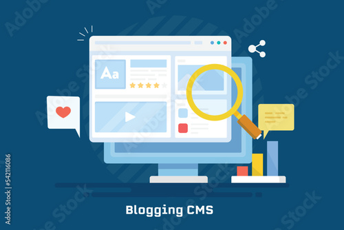 CMS software application managing content of blog and website with no code technology concept.