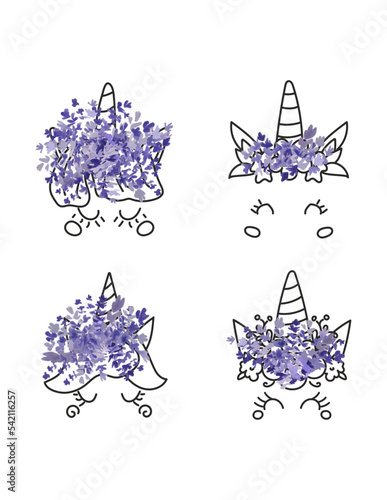 doodle unicorn with lavender wreath set