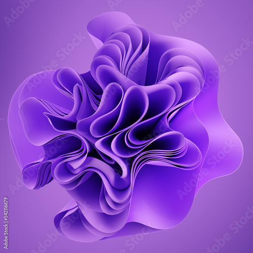 3d abstract layered background. Flower shape. Violet wavy textile for modern fashion design. Realistic 3d high quality render