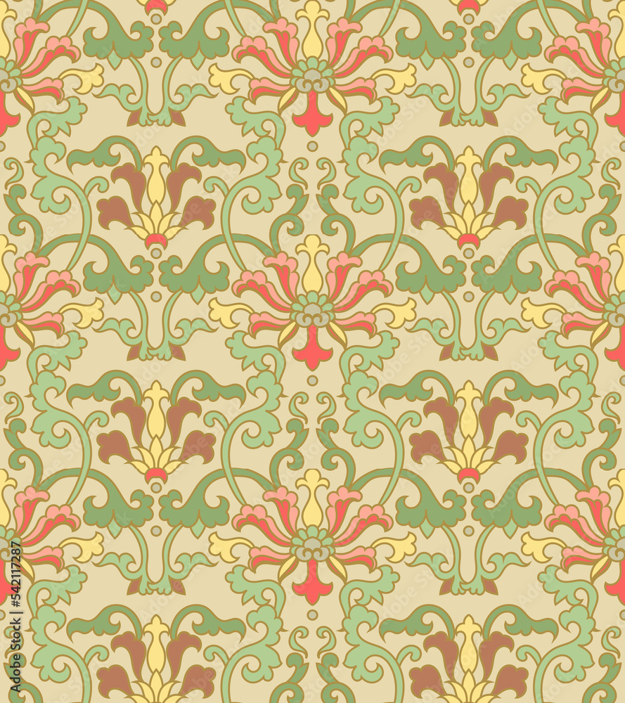Fototapeta premium Seamless background oriental Chinese botanic garden spiral curve vine flower leaf chintz