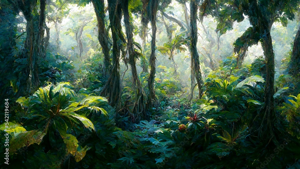 Obraz premium ﻿Tropical rainforest landscape on Blurred background, 3D Illustration of tall trees and vines in Fantastic lush jungle