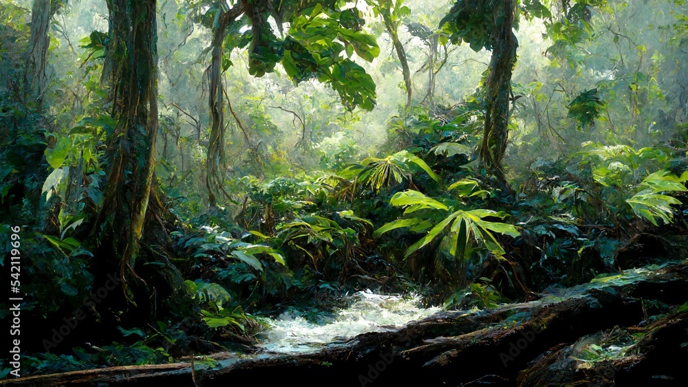 ﻿Tropical rainforest landscape on Blurred background, 3D Illustration of tall trees and vines in Fantastic lush jungle
