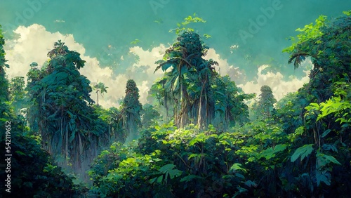    Tropical rainforest landscape on Blurred background  3D Illustration of tall trees and vines in Fantastic lush jungle