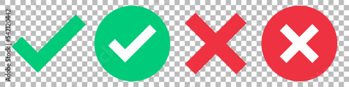 Green check mark icon, red cross mark icon, green tick and red cross icons set isolated on transparent background. Flat and modern checkmark design, vector illustration.