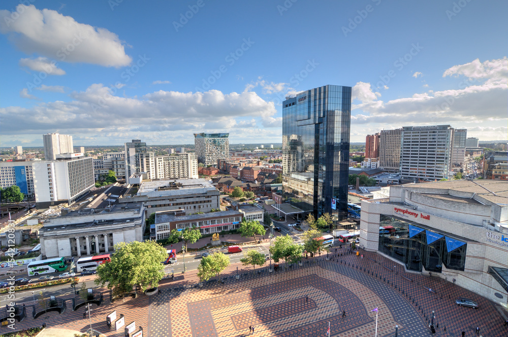 Elevated view of Centenary Square, Birmingham, England, UK.