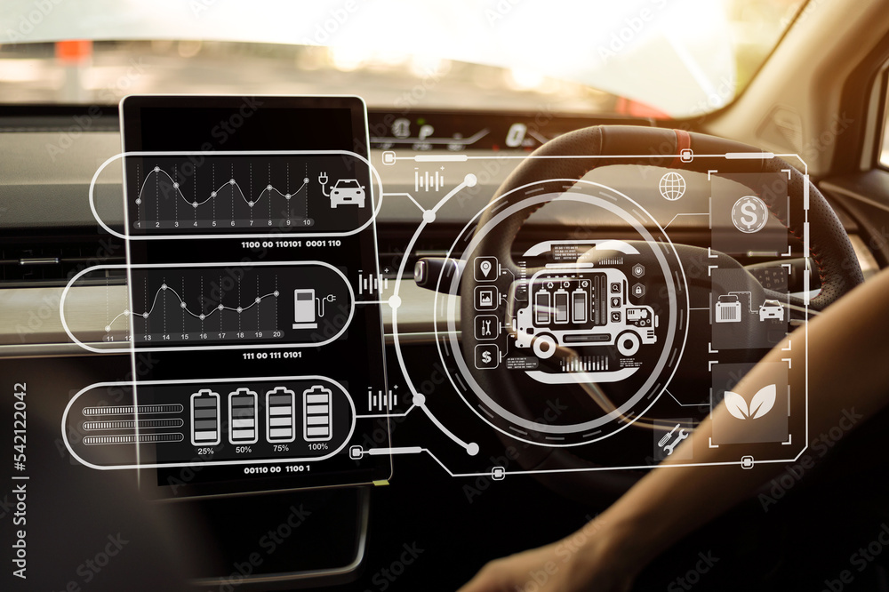 Fototapeta premium Energy EV car concept. Futuristic hybrid vehicle charge battery electric. Modern car interior details. Modern car interior details..