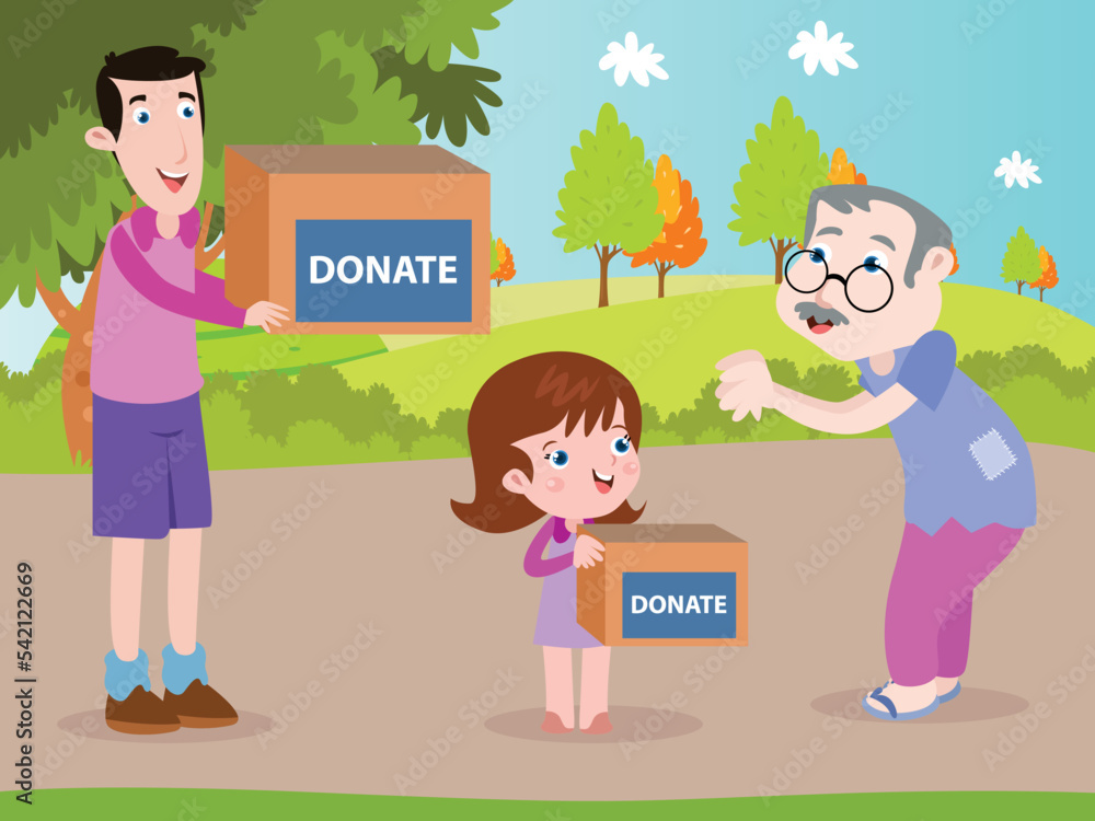 Father and daughter donation to a homeless elderly man cartoon 2d vector concept for banner, website, illustration, landing page, flyer, etc.